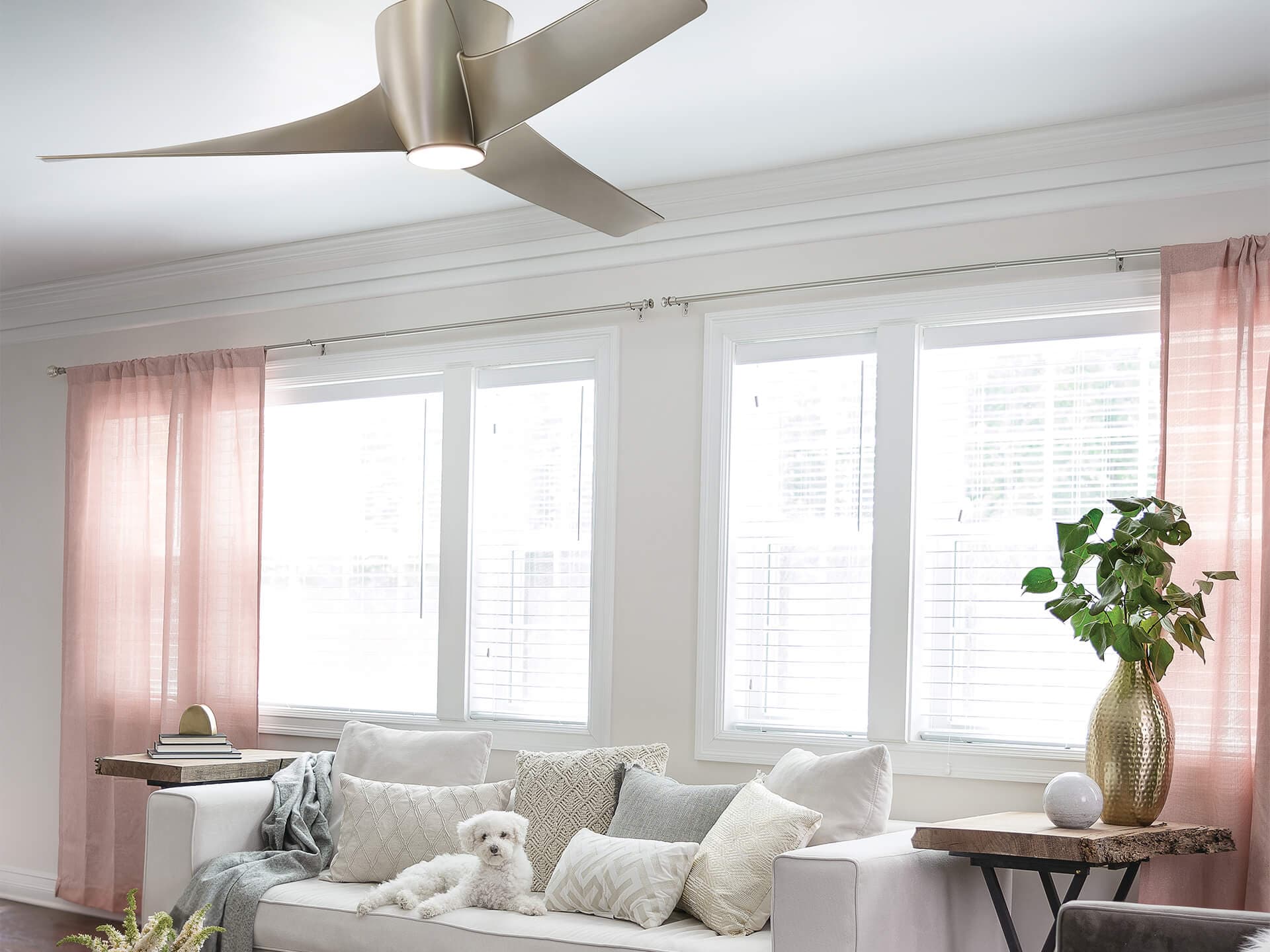 Phree ceiling fan hanging in farm house living room