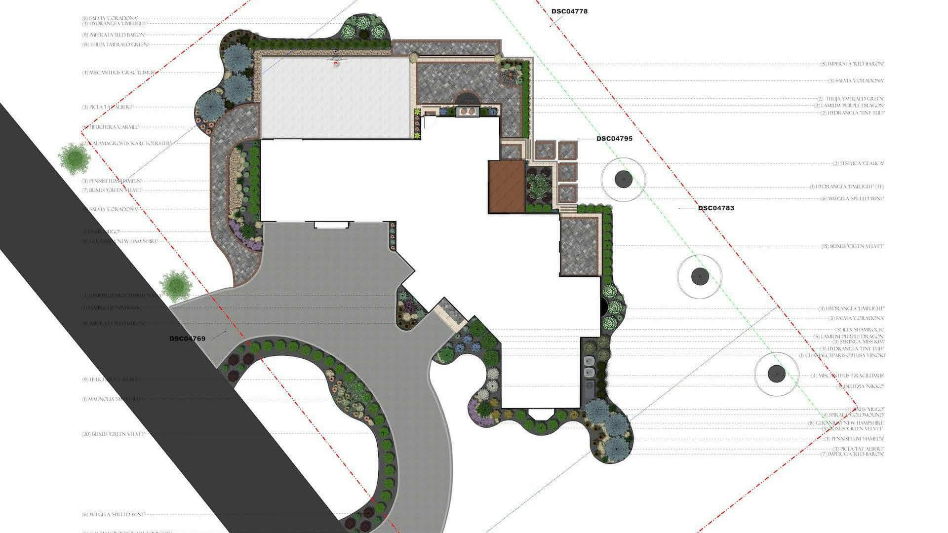 Overhead rending graphic of landscaping plan.